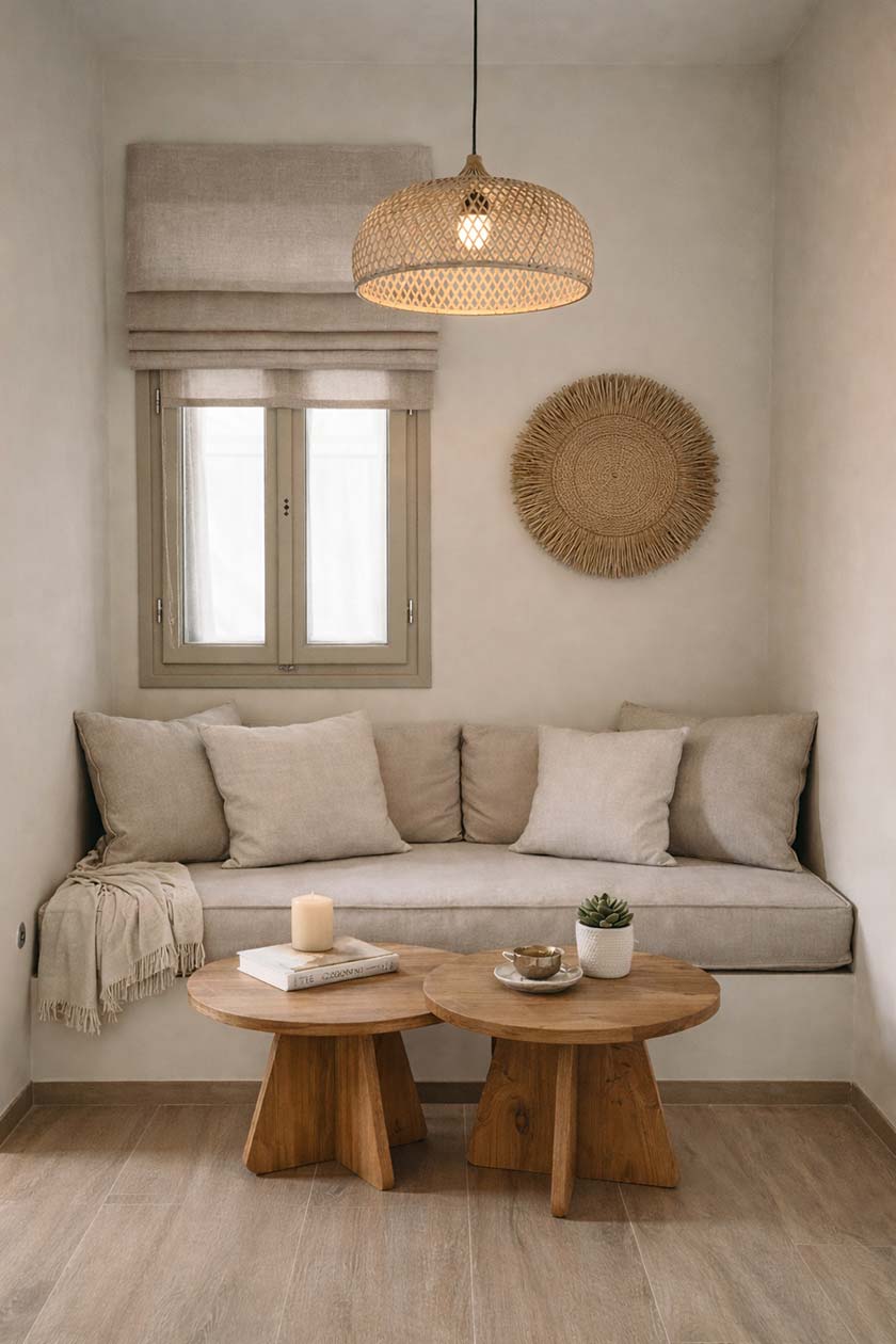 Άνετο καθιστικό στη σουίτα του Thyme Timeless Stay στη Σίφνο με γήινους τόνους και φυσικά υλικά